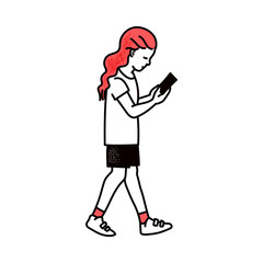 Child girl looking into mobile phone outline sketch vector illustration isolated.