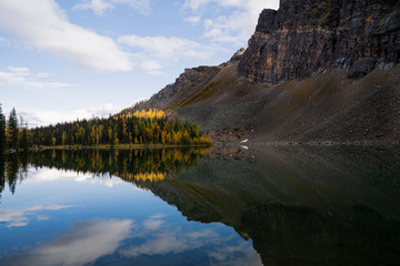 beautiful fall day by a lake in the Rocky Mountains, Canada