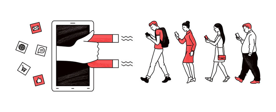 People characters attracted with magnet sketch vector illustration isolated.