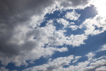 blue sky on a sunny warm day with white and gray clouds