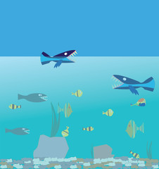 Funny fish of different shapes and colors. Fun underwater life illustration