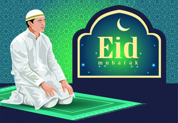 Hand drawn sketch of Muslim man praying with calligraphy of Eid Mubarak illustration.