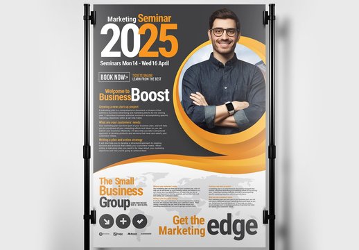 Business Seminar Poster Banner Layout with Orange Swash
