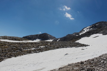 Fototapeta na wymiar Slowenia Julian Alps. Snow covered mountains in spring, road to Triglav