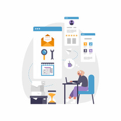 Modern mobile app for business and work. Vector illustration of woman sitting at desk with laptop