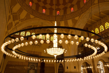 MANAMA, BAHRAIN - JUNE 26: A splendid interior of the Al Fateh Grand Mosque on June 26, 2017, Manama, Bahrain. Al Fateh mosque is one of the largest mosque in the world