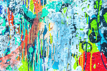 Closeup of colorful messy painted urban wall texture. Modern pattern for wallpaper design. Creative urban city background. Abstract open composition.