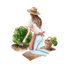 Young woman with long brown hairs in straw hat works in garden on her knees with carpet and basket. Watercolor illustration isolated on white background, hand drawn clipart. Human body fragment.