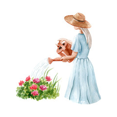 Young blonde woman in blue dress and straw hat watering flowers in the garden. Watercolor illustration isolated on white background, hand drawn clipart. Human body fragment. © NatNat
