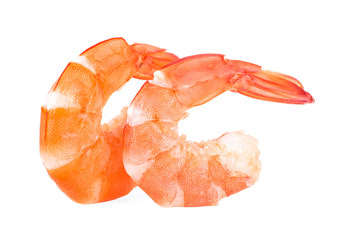 Two cooked unshelled tiger shrimps isolated on a white background