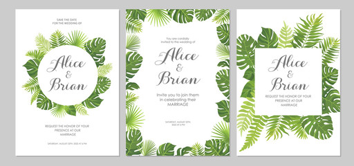 Wedding invitations set. Cards with tropical green leaves design. Floral border. Vector illustration.