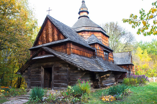 old wooden church in National Museum of Folk Architecture and Life of Ukraine near Kyiv