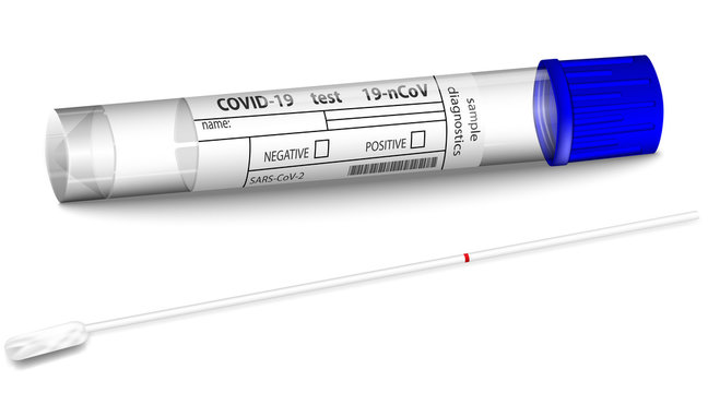 Empty test tube for Coronavirus 2019-nCoV swab Sample. Blank form for blood test result for Covid 19 virus, originating in Wuhan, China. Realistic Isolated on a white background.