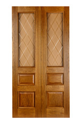 Double wooden doors isolated on white. Frontal image of a closed door.