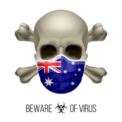 Human Skull with Crossbones and Surgical Mask in the Color of National Flag Australia. Mask in Form of the Australian Flag and Skull as Concept of Dire Warning that the Viral Disease Can be Fatal