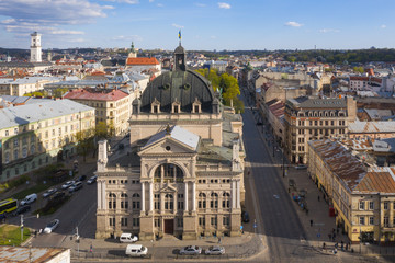 Aerial veiw on Lviv Opera House from drone