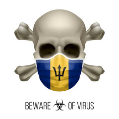 Human Skull with Crossbones and Surgical Mask in the Color of National Flag Barbados. Mask in Form of the Barbadian Flag and Skull as Concept of Dire Warning that the Viral Disease Can be Fatal