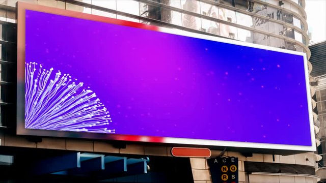 bigboard advertising on the street, on the building, abstract movement on a purple particles background