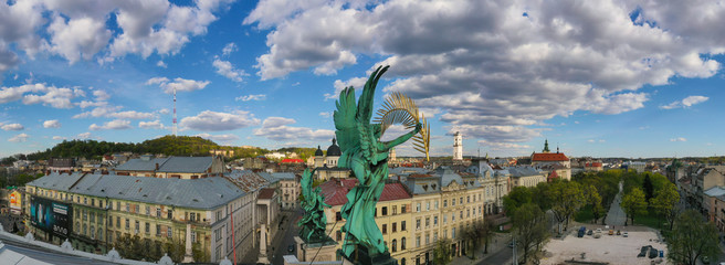 Aerial veiw on Lviv Opera House from drone