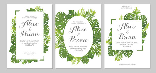 Wedding invitations set. Cards with tropical green leaves design. Floral border. Vector illustration. © artnata