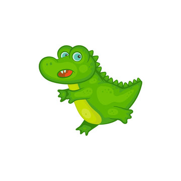 Cute green baby crocodile cartoon character, vector illustration isolated.