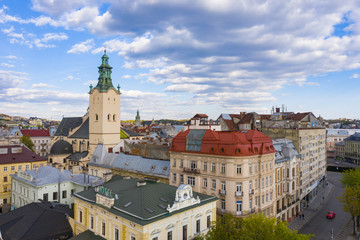 Fototapeta premium View on Latin Cathedral in Lviv, Ukraine from drone