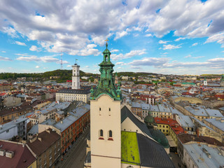 View on Latin Cathedral in Lviv, Ukraine  from drone