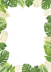 Frame with green tropical leaves and line art graphic. Floral border with place for text. Vector illustration.