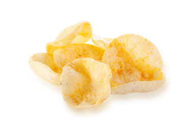 Snack potatoes, chips and pepper isolated on white background. Close-up. Full depth of field.
