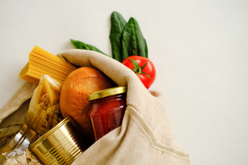 Food supplies crisis food stock for quarantine isolation period on white background. Food delivery, Donation, coronavirus quarantine. Copyspace.