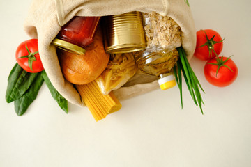 Food supplies crisis food stock for quarantine isolation period on white background. Food delivery, Donation, coronavirus quarantine. Copyspace.