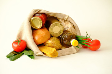 Food supplies crisis food stock for quarantine isolation period on white background. Food delivery, Donation, coronavirus quarantine. Copyspace.