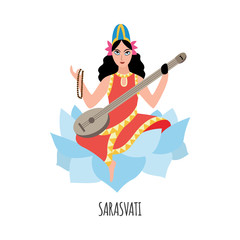Indian goddess of Wisdom Saraswati character, vector illustration isolated.