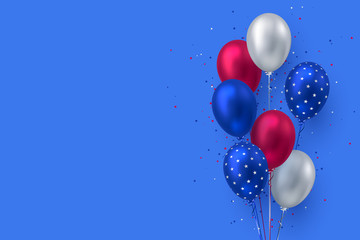 Glossy balloons in colors of American flag with confetti. Background for 4th of July Independence day or national holidays of America. Copy space, vector.