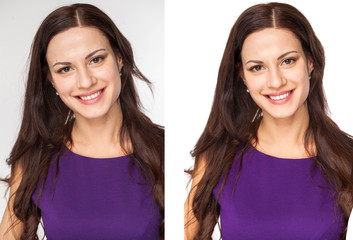  Portrait of a sexy young beautiful girls in purple dress isolated on white background