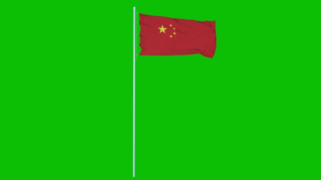 China Flag Waving on wind on green screen or chroma key background. 4K animation