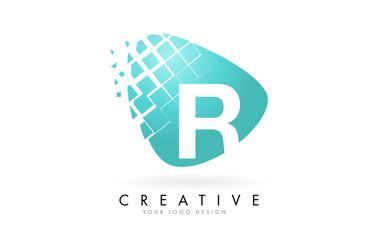 Letter R Design with Aqua Green Shattered Blocks Vector Illustration. Pixel art of the R letter logo. 