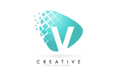 Letter V Design with Aqua Green Shattered Blocks Vector Illustration. Pixel art of the V letter logo. 