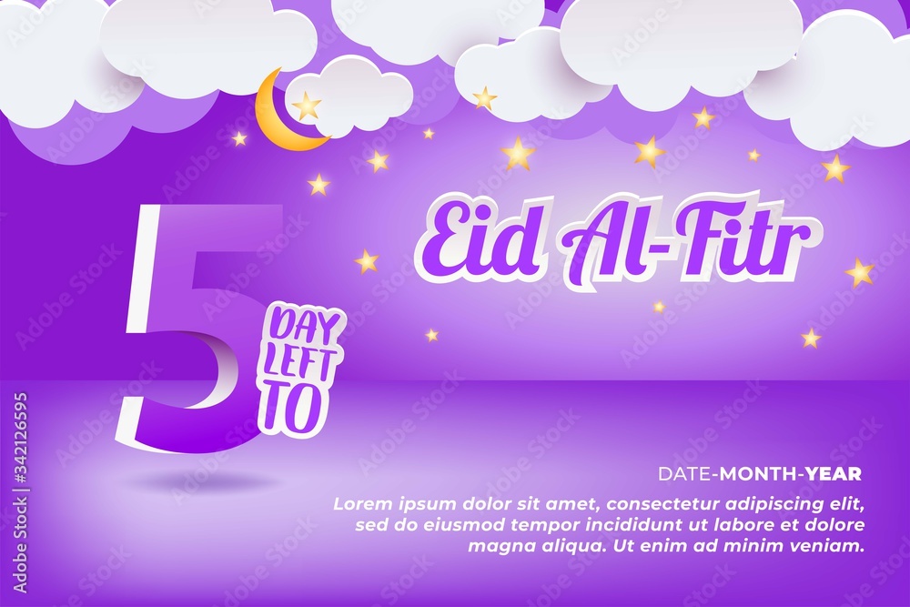 Canvas Prints countdown 5 day left happy eid al fitr with star and moon cloud paper cut out style isolated on purp