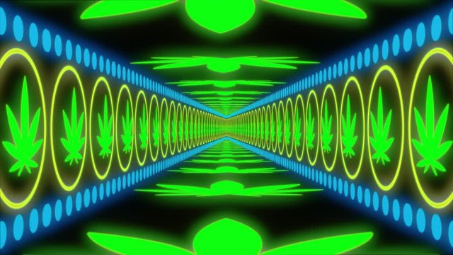 Cool Night Party Background Of Seamless Looped Glowing Deep Tunnel With Marijuana Elements, Psychedelic Animation For VJ's