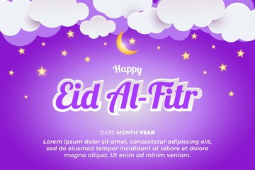 Happy Eid al Fitr With Star and Moon Cloud Paper Cut Out Style Isolated on Purple Background Colour, Vector Illustration EPS10. Background, Invitation, Flyer