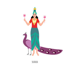 Skanda - Hindu god of war standing with peacock bird