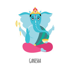 Cartoon Ganesha with blue elephant head - Hinduism religion figure with four arms sitting in lotus pose holding axe and bowl. Flat isolated vector illustration of Hindu lord or god.