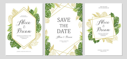 Wedding invitation set. Cards with tropical green leaves and line art graphic. Floral border. Save the date, invite, birthday card design. Vector illustration.