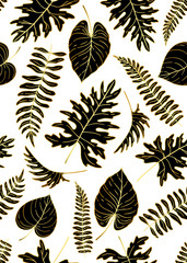 Gold and black seamless pattern with different tropical leaves. Vector illustration.
