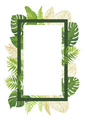 Frame with green tropical leaves and line art graphic. Floral border with place for text. Vector illustration.