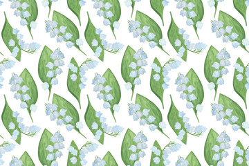 Lily-of-the-valley flower repeat pattern, watercolor illustration symbol of spring and happiness hand drawn white plants simple seamless pattern for greeting cards, invitations, textile