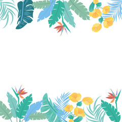 Fototapeta na wymiar Vector tropical jungle frame with palm trees leaves and flowers
