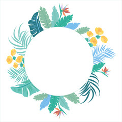 Vector tropical jungle frame with palm trees leaves and flowers