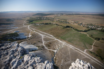 View of the village from the rock cliff with a bird's-eye view
